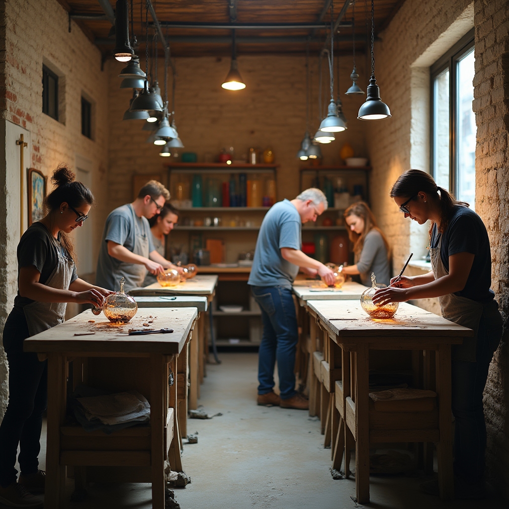 Gruppo di partecipanti alle sessioni di vetro artistico nell'atelier Zelmarov
