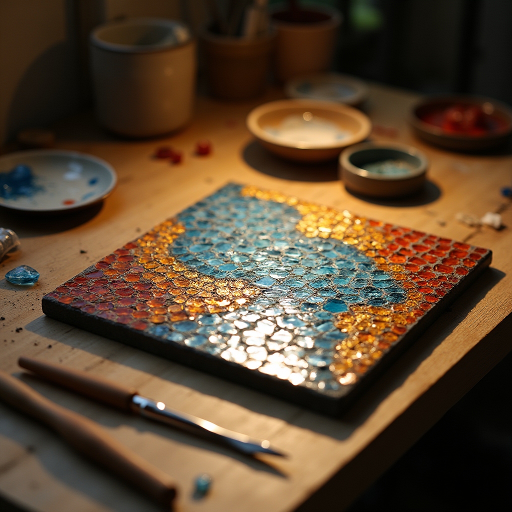 Mosaico artistico realizzato con tessere di vetro di diversi colori