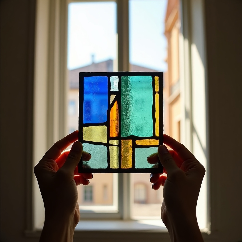 Piccola vetrata artistica finita tenuta verso la luce solare