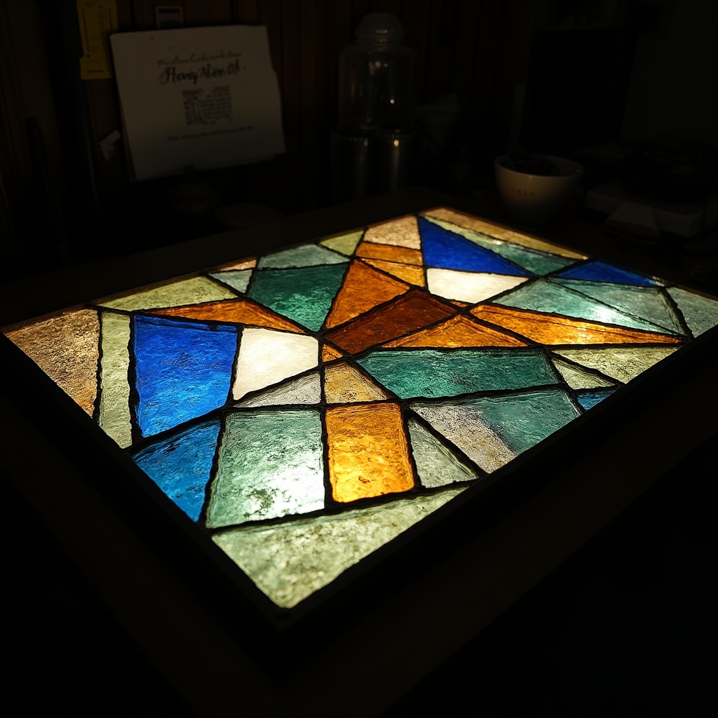 Vetrata geometrica con forme astratte in vetro colorato